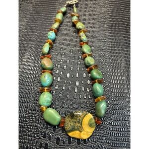 Natural Turquoise and Amber Bead Statement Necklace with Large Focal Stone 17"
